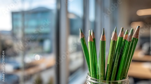 Green Colored Pencils in Glass Holder with Blurred Window Background Minimalist Stationery Photography