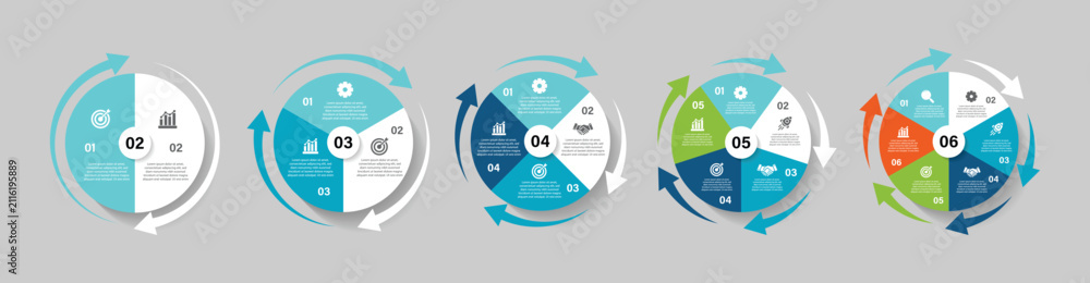 Obraz premium Circle arrows infographics set. Circular arrows with 2-6 steps, options. Template for cycling diagram, graph, cycle diagram, presentation and round chart.