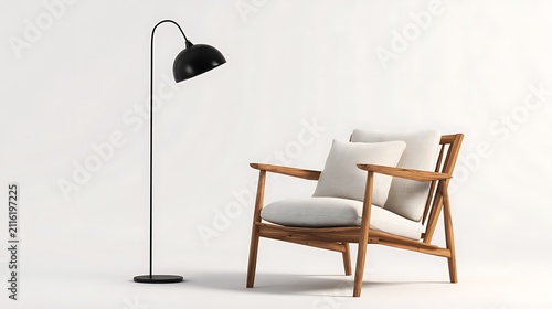 Minimalist Scandinavian Armchair and Black Floor Lamp Isolated on White Background Modern Interior Furniture