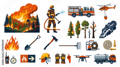 Firefighter Equipment, Forest Fire, Helicopter, Truck, Drone, Tools, Safety Icons