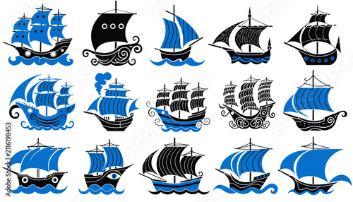 Vintage Sailing Ships Collection: Blue and Black Nautical Vessels on White Background