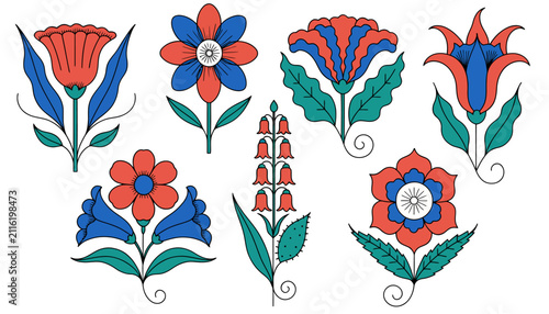 Vintage Floral Motifs: Red, Blue, and Green Decorative Flower Illustrations