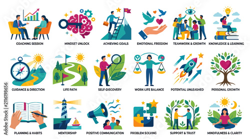 Flat Icons Set: Personal Growth, Mindset, Business Coaching, Success Symbols