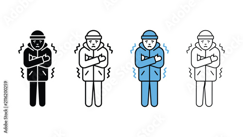 Bild auf Leinwand Four cartoon people shivering in cold weather with sweat lines around them stand