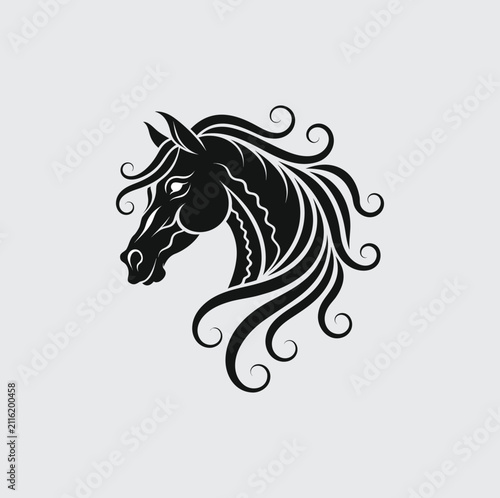 Horse Head Silhouette Illustration, Tribal Style Animal Icon