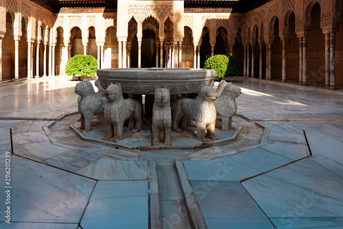 Court of the Lions inside the Nasrid Palaces at the Alhambra in Granada, Spain