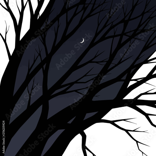 A dark silhouette of bare tree branches against a night sky with a crescent moon
