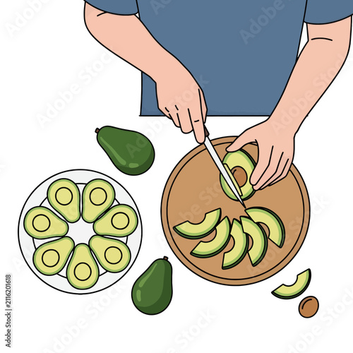 Vector illustration of hands slicing fresh avocado on a wooden board