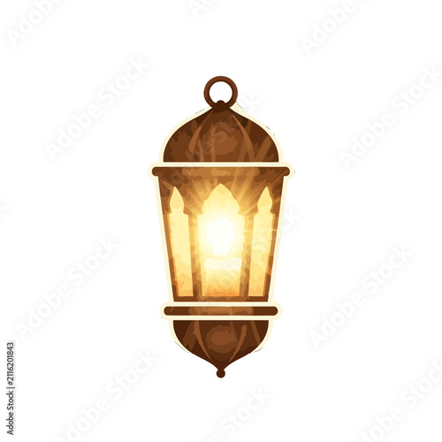 A glowing decorative metal lantern isolated on a plain white background