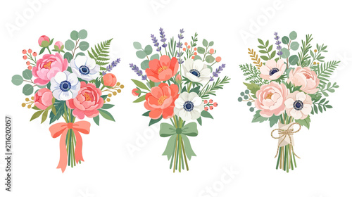 Three Colorful Floral Bouquets with Ribbons