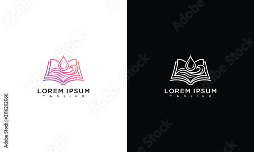 Open Book with Water Drop and Waves Line Art Logo Design