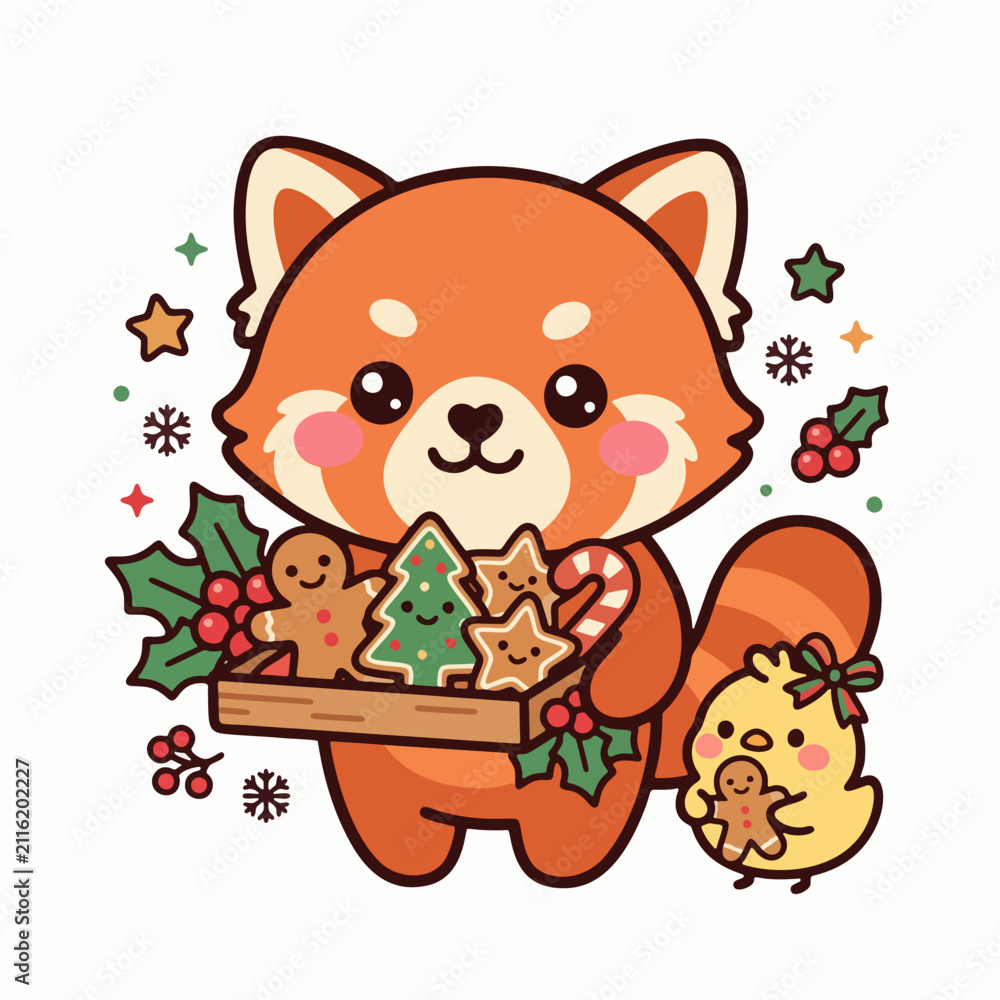 Fototapeta premium Cute Kawaii Red Panda Christmas Cookies Clipart Vector