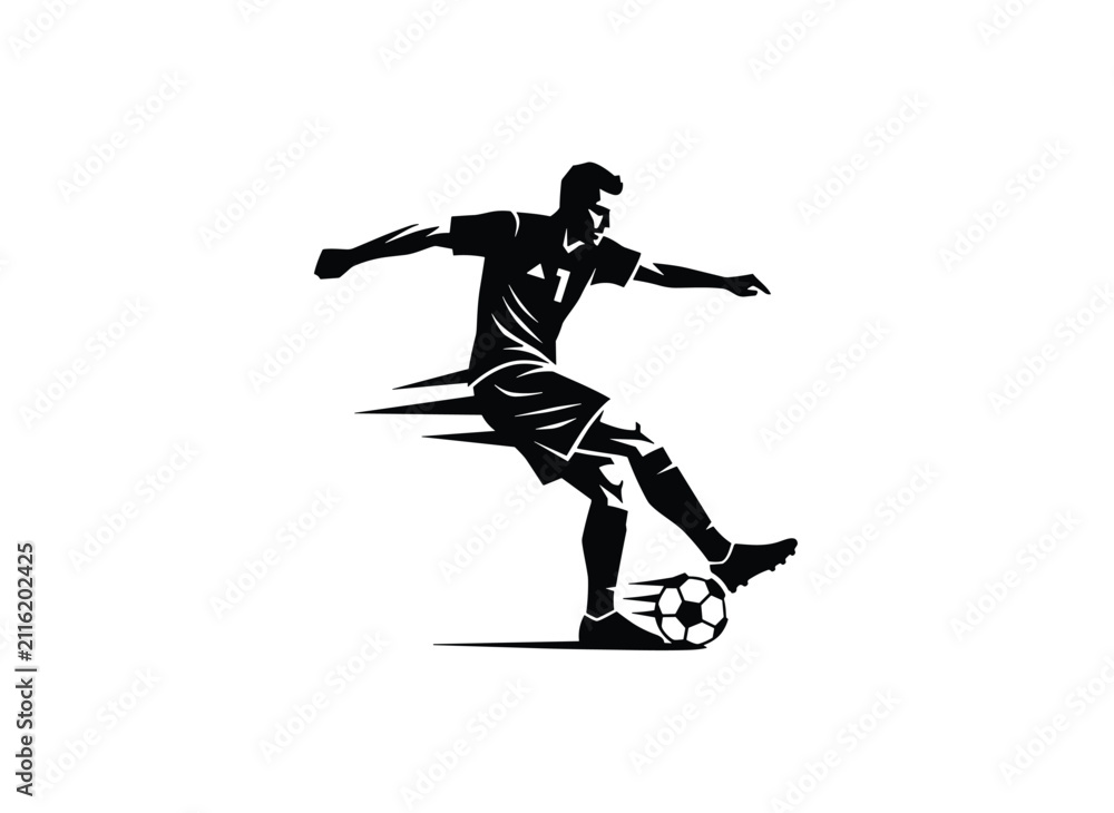 Fototapeta premium Dynamic silhouette of a soccer player wearing number 7, delivering a powerful kick with speed lines emphasizing force and skill.