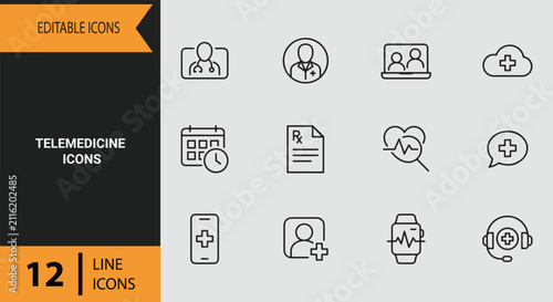 Telemedicine Digital Consultation Interface Symbol Set Representing Remote Online Doctor Healthcare Appointments