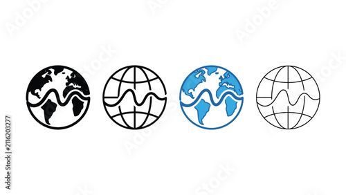 Four different globe icons with wavy lines on white background