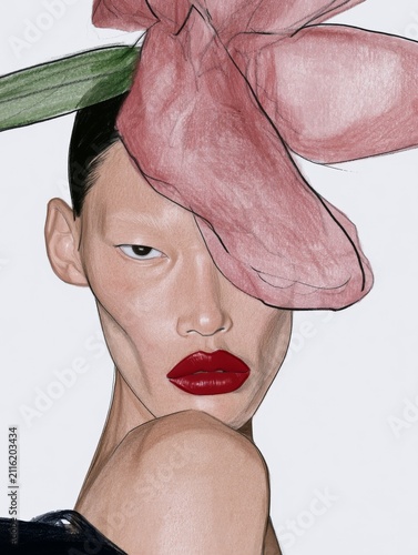 Woman's face with huge pink flower with pink petals, drawn in pencil, the flower covers half of the woman's face