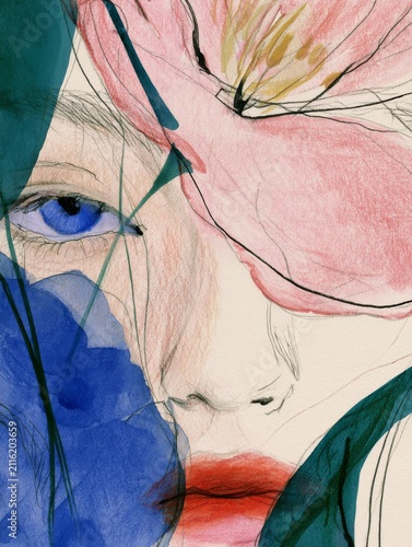 Woman's face with huge pink flower with pink petals, drawn in pencil, the flower covers half of the woman's face