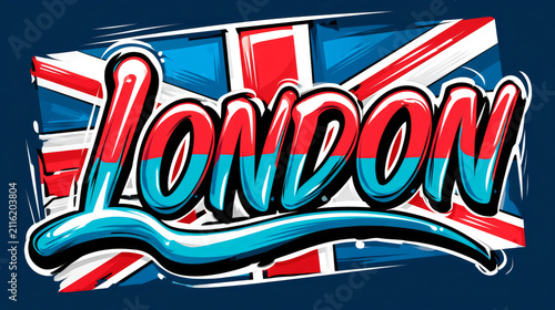 Vibrant London Graffiti Text Art with British Union Jack Flag Background