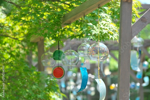 Obraz na plátně Japanese glass furin wind chimes hanging in summer garden