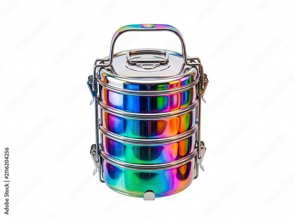 Obraz premium A modern iridescent stainless steel tiffin carrier lunch box with four stackable compartments isolated on white background, stylish eco-friendly food storage container for work or travel.