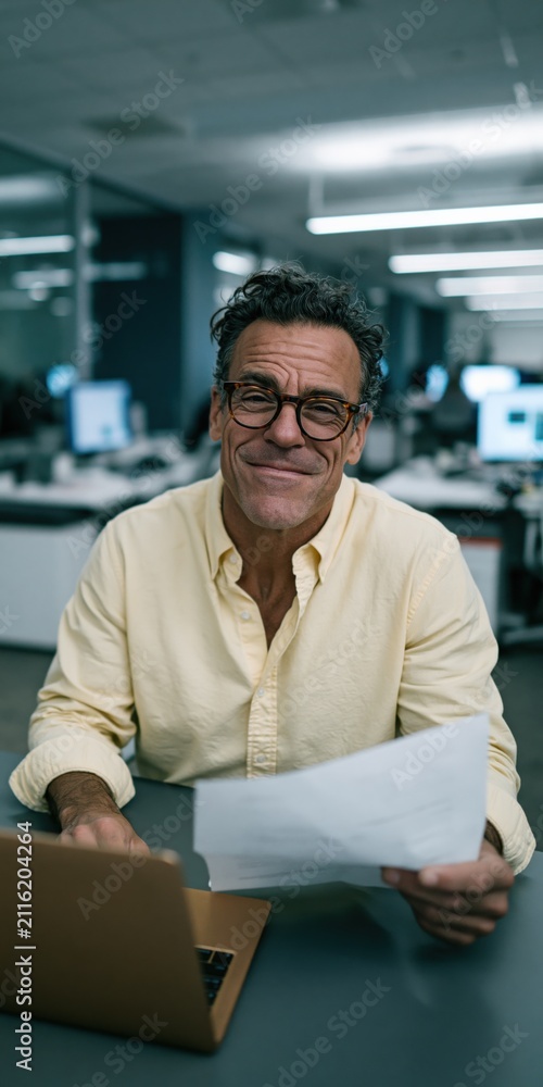 Fototapeta premium Smiling middle aged professional man holding documents at office desk with laptop for corporate website banner and executive profile