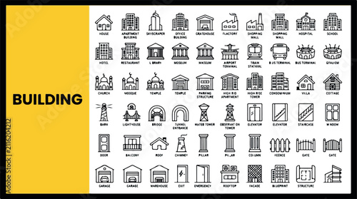 Fotografie Comprehensive collection of building and architecture line icons