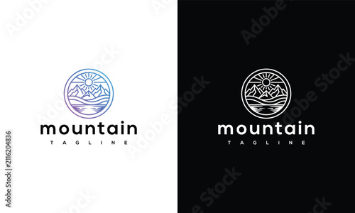 Minimalist Mountain Landscape Circle Logo Design with Gradient and Monochrome Versions