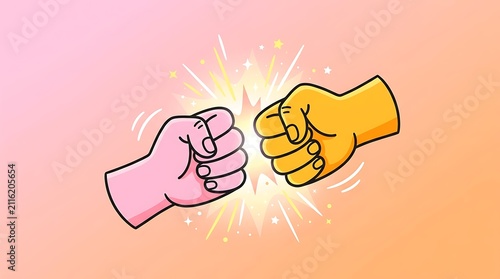 Bright Illustration Of Two Cartoon Fists Bumping With Explosive Sparkle Effect For Competition Or Victory Theme
