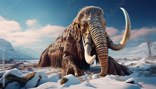 the weathered fossilized skeletal remains of a prehistoric woolly mammoth creature are showcased with intricate ivory tusks and a large bony ribcage resting upon the cold frozen ground in this