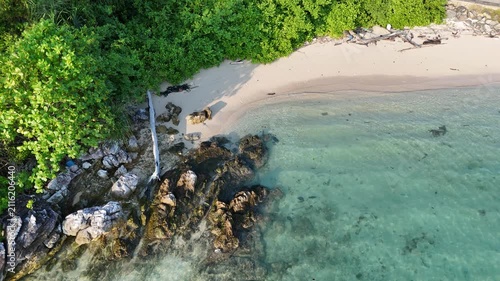 Tropical beach shoreline with crystal clear water and lush green forest