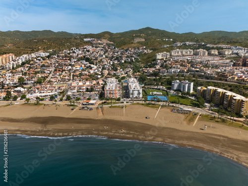 Aerial drone panorama of beachfront apartments in Rincón de la Victoria Spain