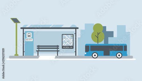 Flat design illustration of a modern blue city bus waiting at a bus stop with a bench a sign and a map on a light blue background.