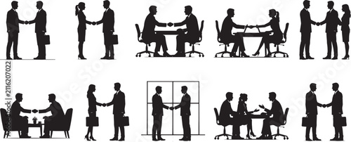 Business Handshake and Corporate Meeting Silhouette Vector Illustrations