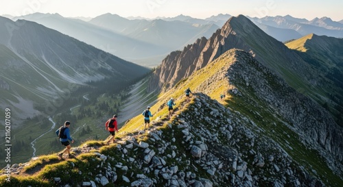 Trail runners ascend a majestic mountain ridge in the early morning sun, showcasing breathtaking alpine scenery and athletic endeavor.