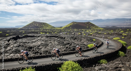 Triathletes race through volcanic landscape under cloudy skies