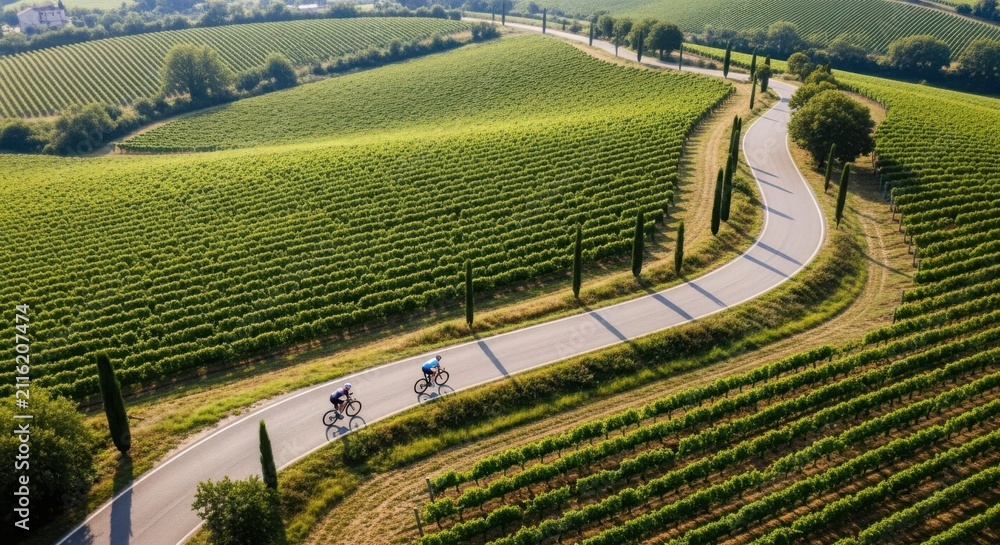 Obraz premium Two cyclists race on a winding road through lush green vineyards under bright sunlight