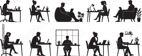 Remote Work and Home Office People Silhouette Vector Illustrations