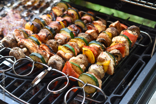 Grilled vegetable and chicken skewers