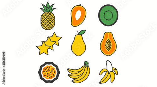 Tropical fruit icons set including pineapple mango kiwi papaya and banana vector illustrations