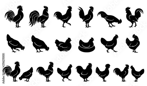 Cuadro en lienzo Black Rooster and Hen Silhouette Set with Farm Poultry CAD Flat Vector Illustrat