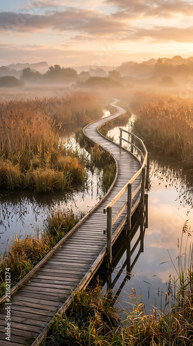 Curvy wooden bridge path over tranquil swamp at dawn with golden sunrise light and morning mist in wetlands.