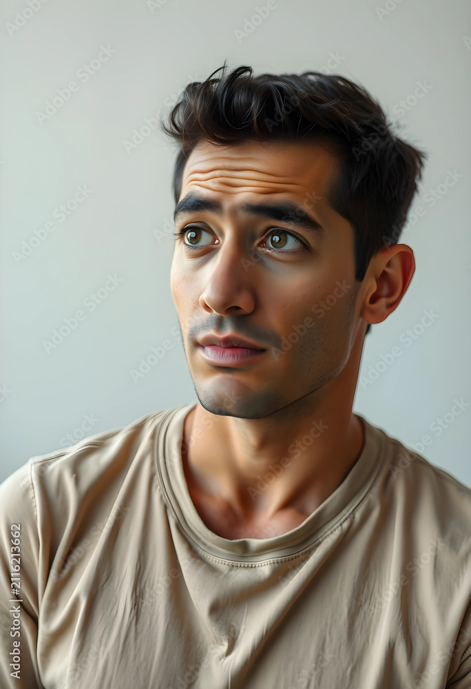 Fototapeta premium Young man with dark hair and light eyes looking up and to the side, expressing contemplation and curiosity