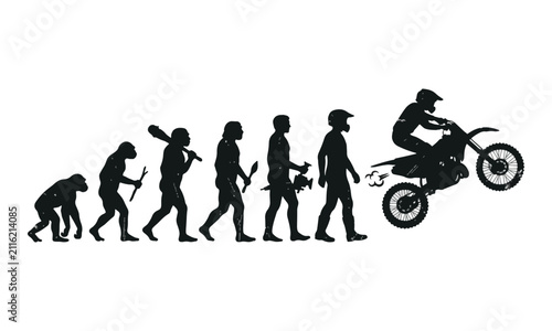 Human evolution silhouette from ape to motocross dirt bike rider