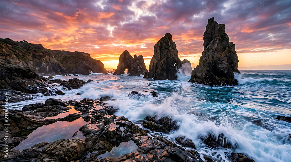 Fototapeta premium Dramatic ocean sunset over a rocky coastline with towering sea stacks and crashing waves.