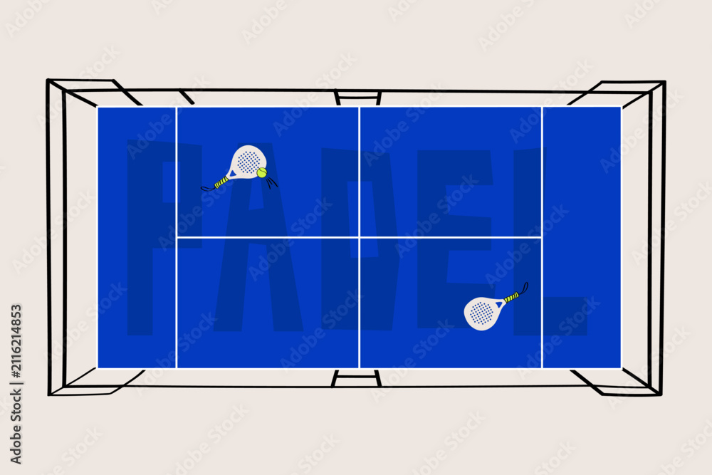 Fototapeta premium Modern Padel Court Poster with Dynamic Typography and Rackets. Sports Tournament Banner for Club Advertising, Social Media Promotion, Event Marketing and Athletic Branding