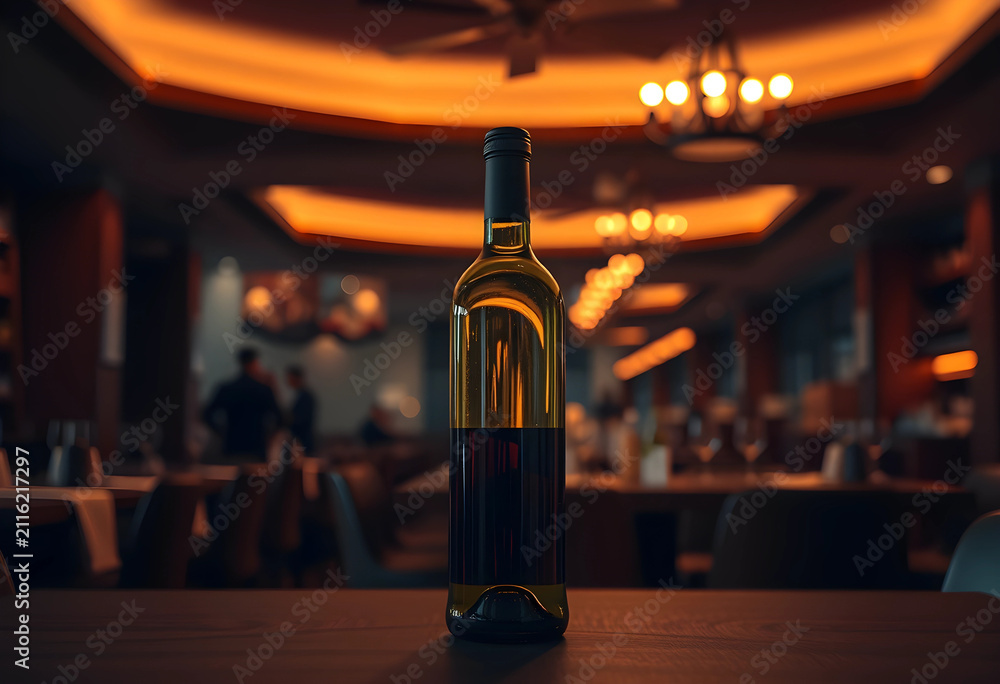 Obraz premium Wine bottle on a wooden table in a restaurant with warm ambient lighting and blurred background