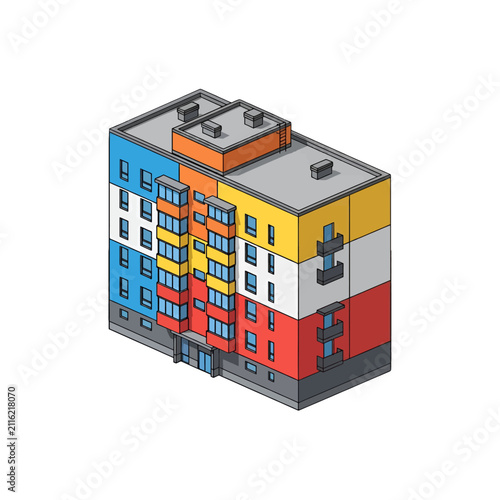 An isometric illustration of a colorful modern apartment building