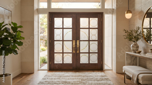 Bright transitional home entryway with paned wooden double doors and foyer decor entryway interior