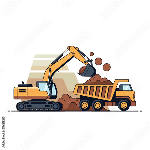 A yellow excavator loads brown soil into a heavy dump truck at a construction site