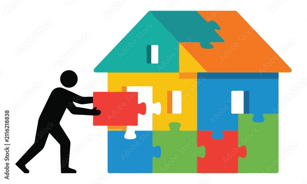Fototapeta premium Man assembling colorful house puzzle pieces vector icon